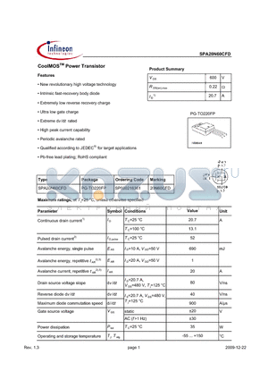 SPA20N60CFD datasheet - CoolMOSTM Power Transistor Features New revolutionary high voltage technology Extreme dv/dt rated