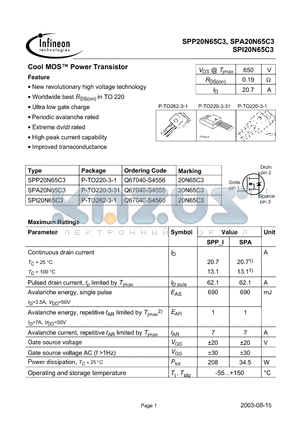 SPA20N65C3 datasheet - Cool MOS Power Transistor