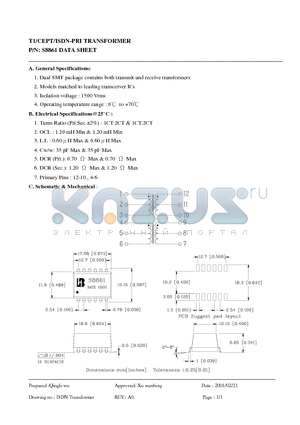 S8861 datasheet - T1/CEPT/ISDN-PRI TRANSFORMER