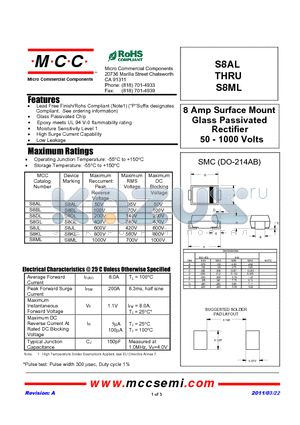 S8AL datasheet - 8 Amp Surface Mount Glass Passivated Rectifier 50 - 1000 Volts