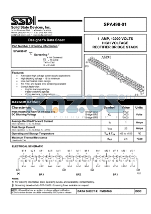 SPA498-01 datasheet - HIGH VOLTAGE RECTIFIER BRIDGE STACK