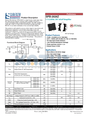 SPB-2026Z datasheet - 1.7-2.2GHz 2W InGaP Amplifier
