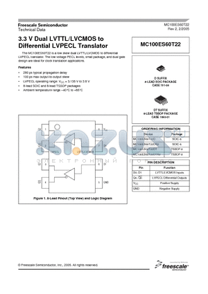 MC100ES60T22 datasheet - 3.3 V Dual LVTTL/LVCMOS to Differential LVPECL Translator