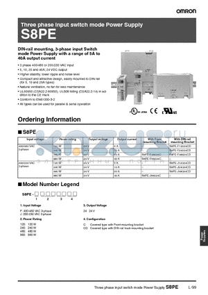 S8PE-F96024CD datasheet - Three phase input switch mode Power Supply (DIN-rail mounting, 3-phase input Switch mode Power Supply with a range of 5A to 40A output current)