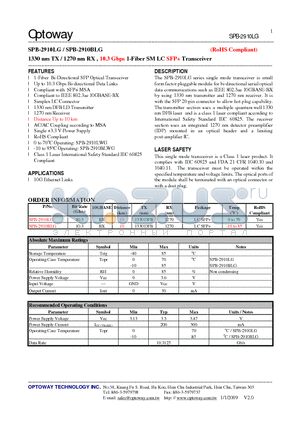 SPB-2910LG datasheet - 1330 nm TX / 1270 nm RX , 10.3 Gbps 1-Fiber SM LC SFP Transceiver