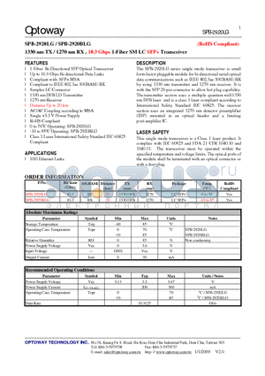 SPB-2920BLG datasheet - 1330 nm TX / 1270 nm RX , 10.3 Gbps 1-Fiber SM LC SFP Transceiver