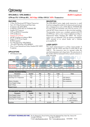 SPB-2840BLG datasheet - 1270 nm TX / 1330 nm RX , 10.3 Gbps 1-Fiber SM LC SFP Transceiver