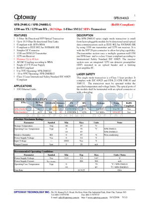 SPB-2940BLG datasheet - 1330 nm TX / 1270 nm RX , 10.3 Gbps 1-Fiber SMLC SFP Transceiver