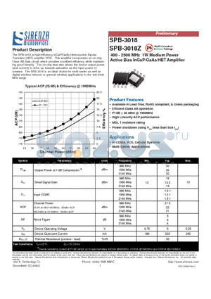 SPB-3018Z datasheet - 400 - 2500 MHz 1W Medium Power Active Bias InGaP/GaAs HBT Amplifier
