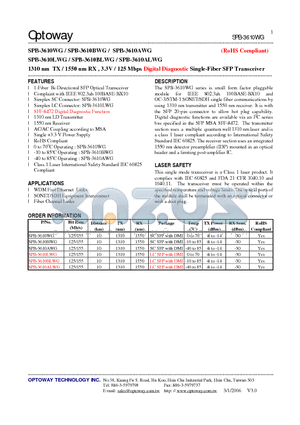 SPB-3610ALWG datasheet - 1310 nm TX / 1550 nm RX , 3.3V / 125 Mbps Digital Diagnostic Single-Fiber SFP Transceiver