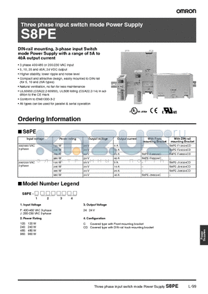 S8PE-J96024CD datasheet - Three phase input switch mode Power Supply (DIN-rail mounting, 3-phase input Switch mode Power Supply with a range of 5A to 40A output current)