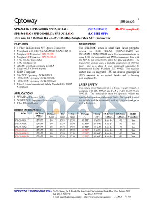 SPB-3610AG datasheet - 1310 nm TX / 1550 nm RX , 3.3V / 125 Mbps Single-Fiber SFP Transceiver