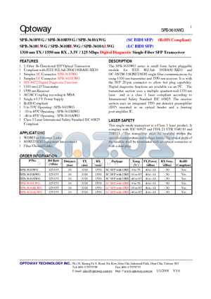 SPB-3610AWG datasheet - 1310 nm TX / 1550 nm RX , 3.3V / 125 Mbps Digital Diagnostic Single-Fiber SFP Transceiver