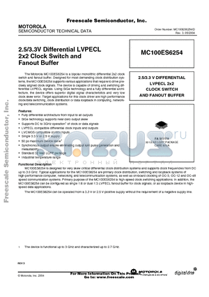MC100ES6254 datasheet - 2.5/3.3V Differential LVPECL 2x2 Clock Switch and Fanout Buffer
