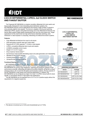 MC100ES6254 datasheet - 2.5/3.3V DIFFERENTIAL LVPECL 2x2 CLOCK SWITCH AND FANOUT BUFFER