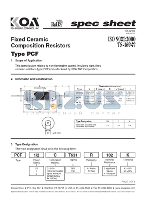 PCF1C datasheet - Fixed Ceramic Composition Resistors