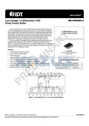 MC100ES8014 datasheet - Low Voltage 1:5 Differential LVDS Clock Fanout Buffer