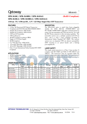 SPB-3610G datasheet - 1310 nm TX / 1550 nm RX , 3.3V / 125 Mbps Single-Fiber SFP Transceiver