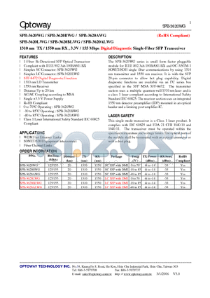 SPB-3620BLWG datasheet - 1310 nm TX / 1550 nm RX , 3.3V / 155 Mbps Digital Diagnostic Single-Fiber SFP Transceiver