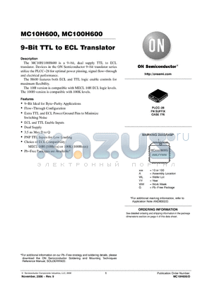 MC100H600FNR2G datasheet - 9−Bit TTL to ECL Translator