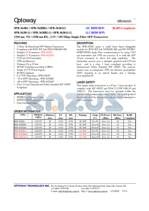 SPB-3620BLG datasheet - 1310 nm TX / 1550 nm RX , 3.3V / 155 Mbps Single-Fiber SFP Transceiver