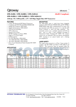 SPB-3620LG datasheet - 1310 nm TX / 1550 nm RX , 3.3V / 155 Mbps Single-Fiber SFP Transceiver