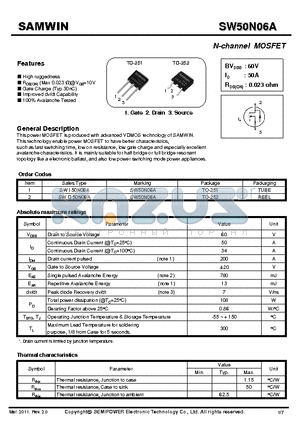 SW50N06A datasheet - N-channel MOSFET (TO-251 , TO-252)