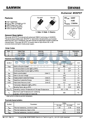 SW4N65 datasheet - N-channel MOSFET (TO-220F , TO-220)