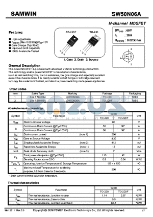 SW50N06A datasheet - N-channel MOSFET (TO-220F , TO-220)