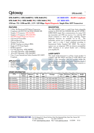 SPB-3640BWG datasheet - 1310 nm TX / 1550 nm RX , 3.3V / 155 Mbps Digital Diagnostic Single-Fiber SFP Transceiver