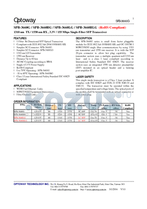 SPB-3660BG datasheet - 1310 nm TX / 1550 nm RX , 3.3V / 155 Mbps Single-Fiber SFP Transceiver