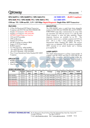 SPB-3660BWG datasheet - 1310 nm TX / 1550 nm RX , 3.3V / 155 Mbps Digital Diagnostic Single-Fiber SFP Transceiver