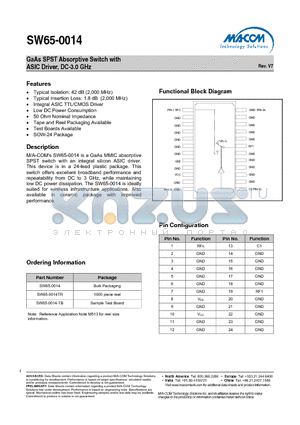 SW65-0014-TB datasheet - GaAs SPST Absorptive Switch with ASIC Driver, DC-3.0 GHz