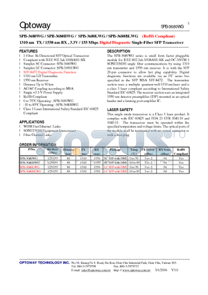 SPB-3680BLWG datasheet - 1310 nm TX / 1550 nm RX , 3.3V / 155 Mbps Digital Diagnostic Single-Fiber SFP Transceiver