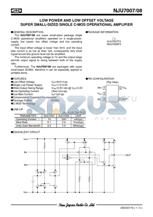 NJU7007F3 datasheet - LOW POWER AND LOW OFFSET VOLTAGE SUPER SMALL-SIZED SINGLE C-MOS OPERATIONAL AMPLIFIER