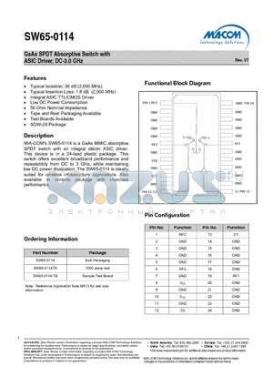 SW65-0114TR datasheet - GaAs SPDT Absorptive Switch with ASIC Driver, DC-3.0 GHz
