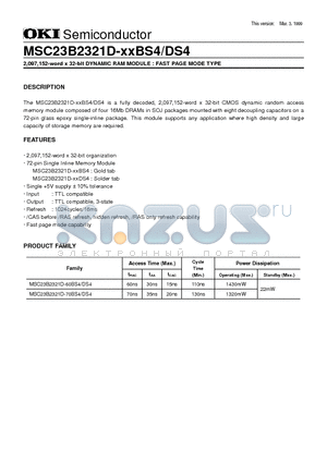 MSC23B2321D-XXBS4 datasheet - 2,097,152-word x 32-bit DYNAMIC RAM MODULE : FAST PAGE MODE TYPE