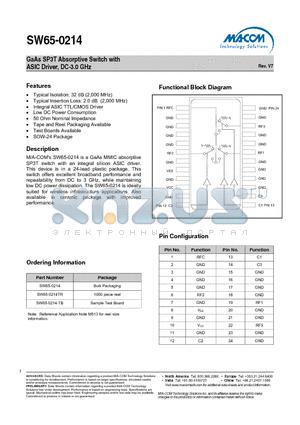 SW65-0214TR datasheet - GaAs SP3T Absorptive Switch with ASIC Driver, DC-3.0 GHz