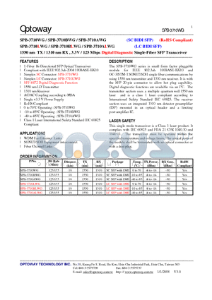 SPB-3710ALWG datasheet - 1550 nm TX / 1310 nm RX , 3.3V / 125 Mbps Digital Diagnostic Single-Fiber SFP Transceiver