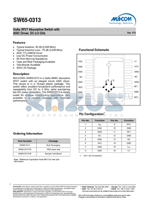 SW65-0313TB datasheet - GaAs SP2T Absorptive Switch with ASIC Driver, DC-3.0 GHz