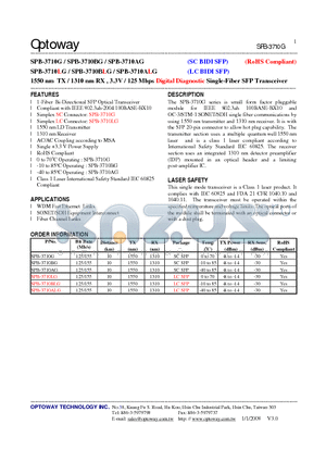 SPB-3710AG datasheet - 1550 nm TX / 1310 nm RX , 3.3V / 125 Mbps Digital Diagnostic Single-Fiber SFP Transceiver