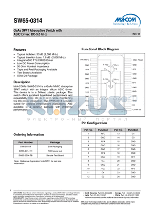 SW65-0314-TB datasheet - GaAs SP4T Absorptive Switch with ASIC Driver, DC-3.0 GHz