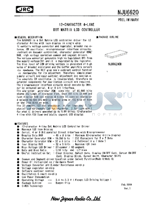 NJU6620 datasheet - 12-CHARACTER 4-LINE DOT MATRIX LCD CONTROLLER