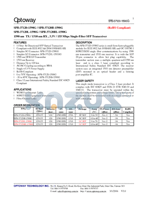 SPB-37120-1590G datasheet - 1590 nm TX / 1510 nm RX , 3.3V / 155 Mbps Single-Fiber SFP Transceiver