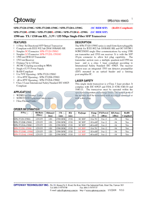 SPB-37120-1590G datasheet - 1590 nm TX / 1510 nm RX , 3.3V / 155 Mbps Single-Fiber SFP Transceiver