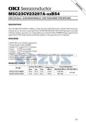 MSC23CV23257A datasheet - 2,097,152-Word x 32-Bit DRAM MODULE : FAST PAGE MODE TYPE WITH EDO