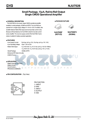 NJU7026 datasheet - Small Package, 13lA, Rail-to-Rail Output Single CMOS Operational Amplifier