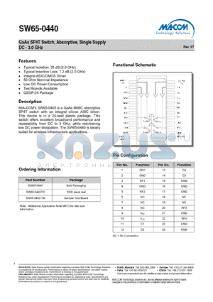 SW65-0440 datasheet - GaAs SP4T Switch, Absorptive, Single Supply DC - 3.0 GHz