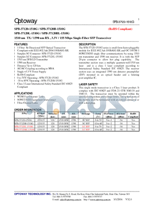 SPB-37120B-1510G datasheet - 1510 nm TX / 1590 nm RX , 3.3V / 155 Mbps Single-Fiber SFP Transceiver