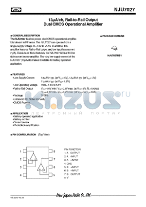 NJU7027 datasheet - 13lA/ch, Rail-to-Rail Output Dual CMOS Operational Amplifier